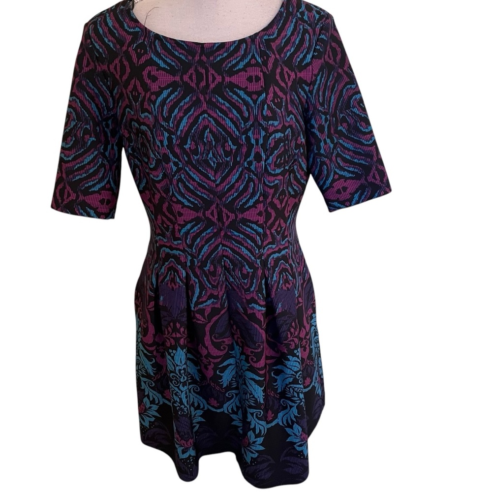 Danny and Nicole Black/Blue/Purple Print Scuba Knit Aline Dress 12P